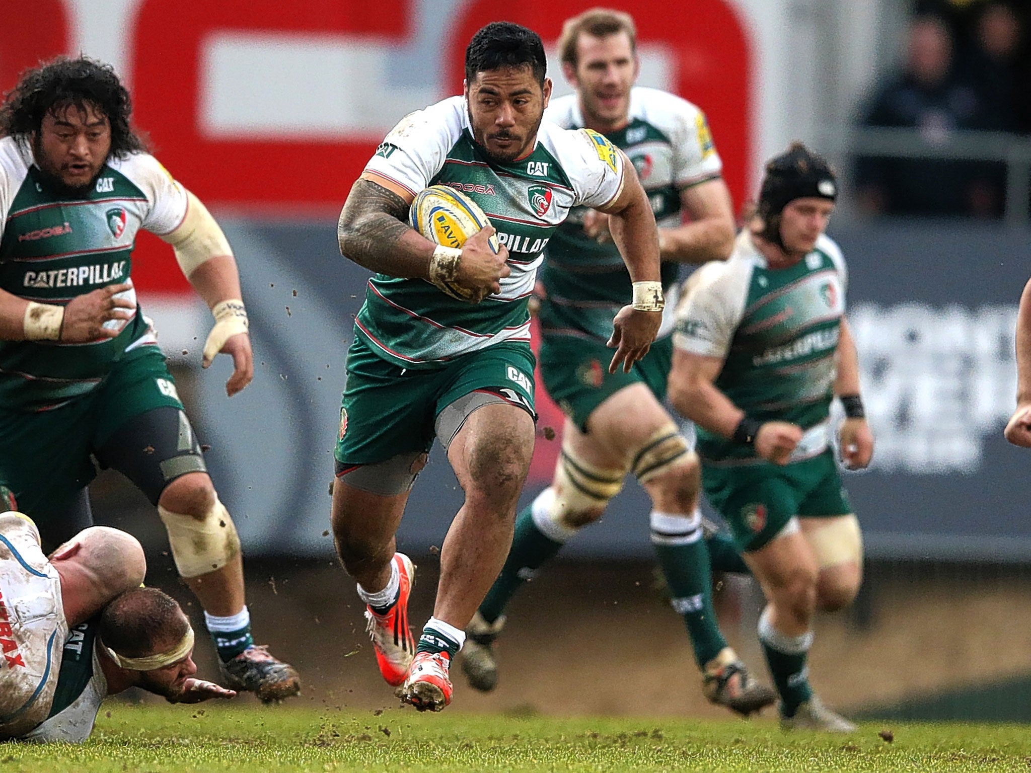 The ever-threatening Manu Tuilagi charges through Exeter’s defence during Leicester’s victory at Welford Road