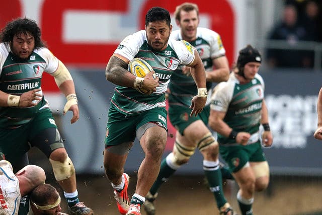 The ever-threatening Manu Tuilagi charges through Exeter’s defence during Leicester’s victory at Welford Road
