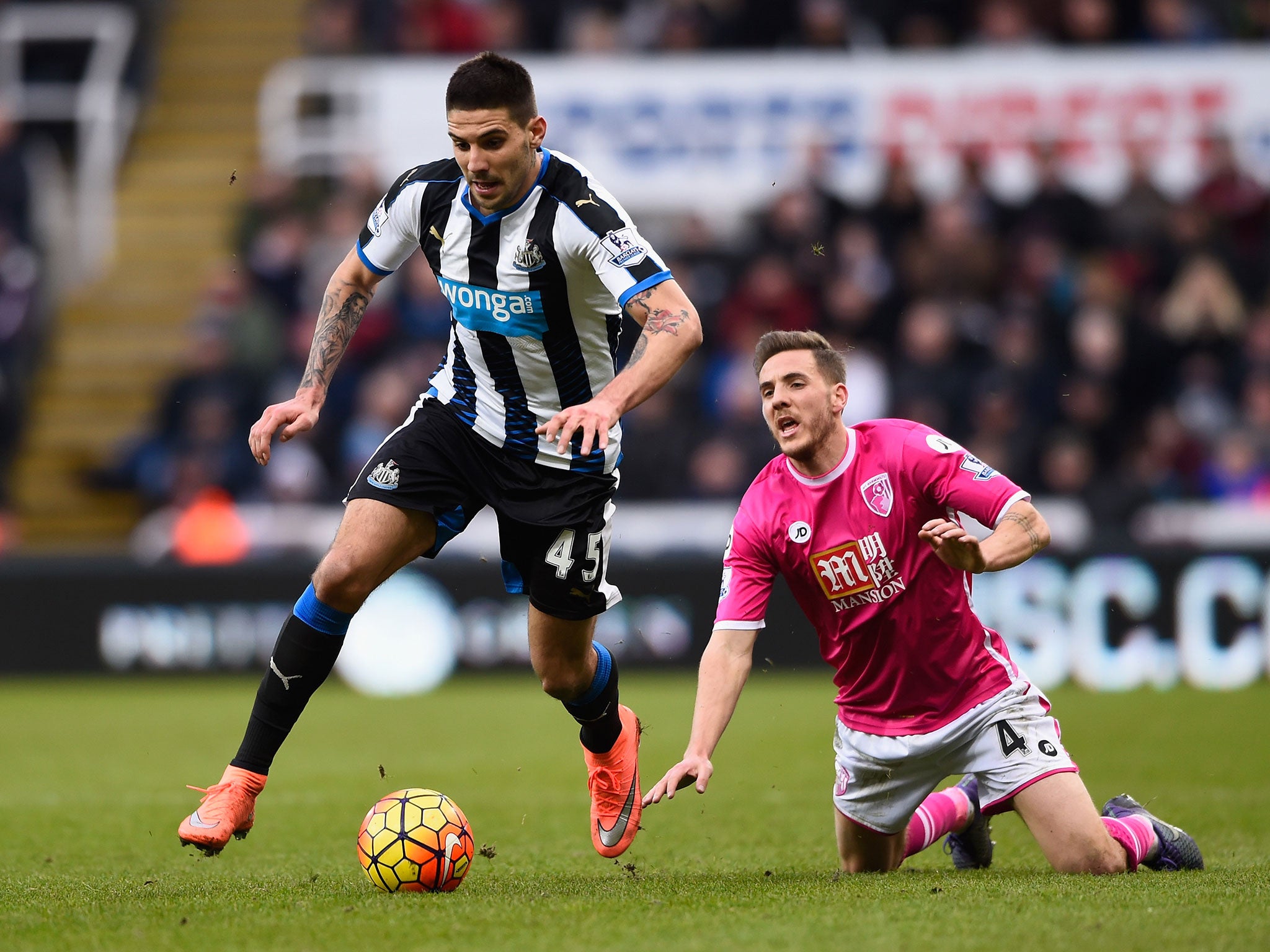 Aleksandar Mitrovic, left, in action during Newcastle’s defeat at home by Bournemouth