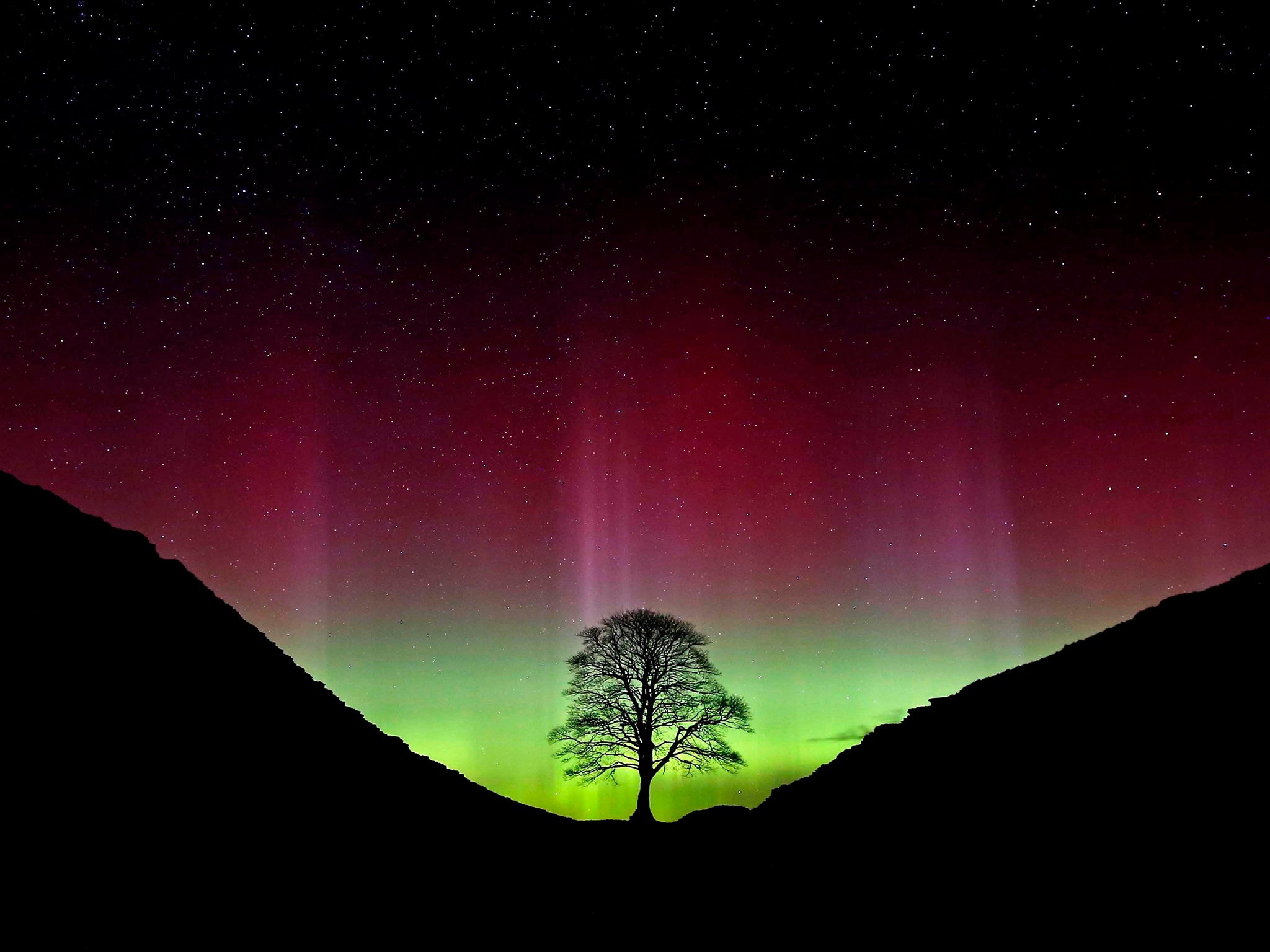 The beautiful colours of light shining through the Sycamore Gap at Hadrian's Wall in Northumberland