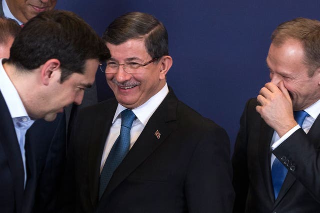 Greek Prime Minister Alexis Tsipras, Ahmet Davutoglu and European Council President Donald Tusk in Brussels