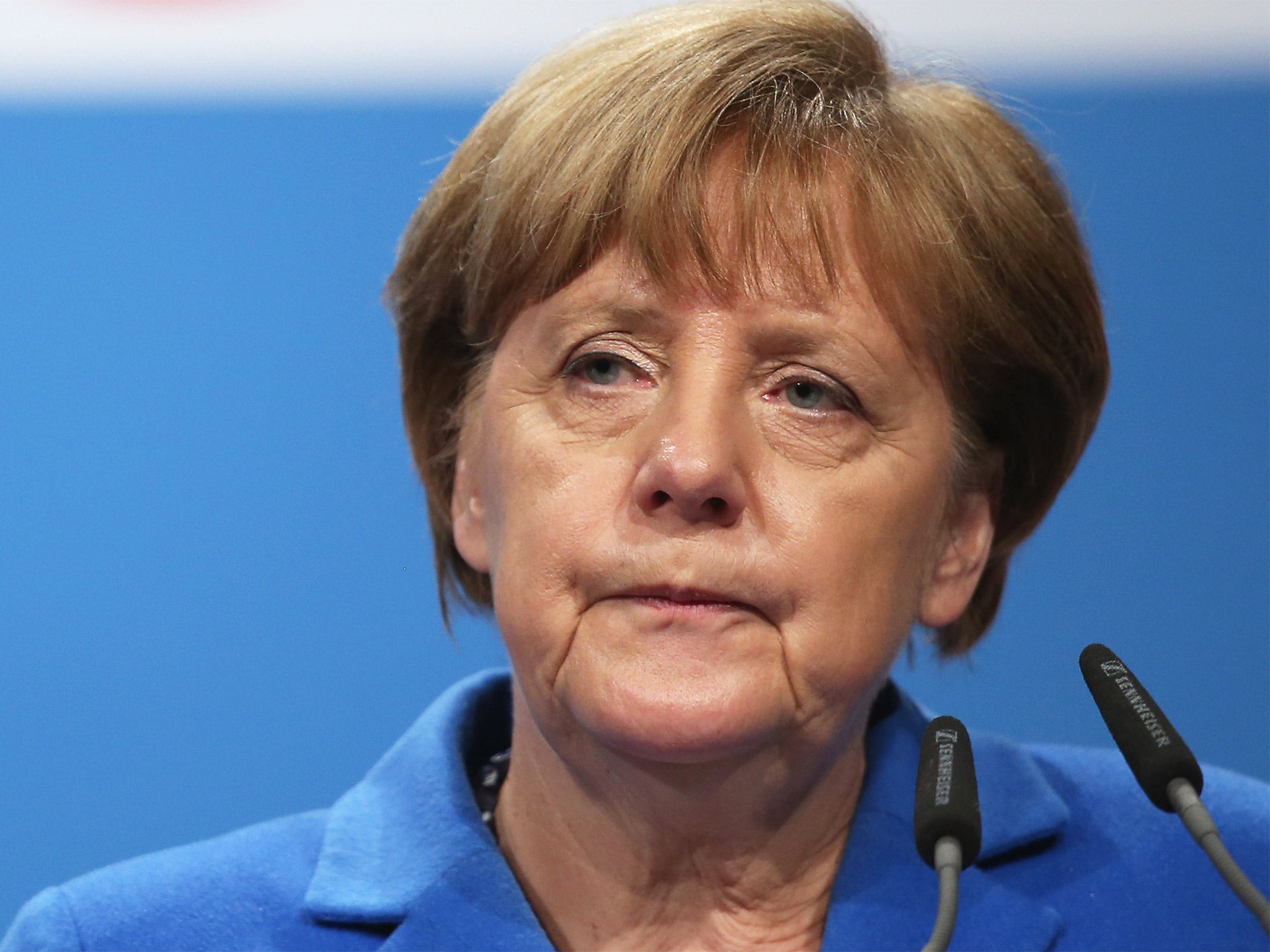 German Chancellor Angela Merkel speaks to supporters at a campaign rally in Nuertingen