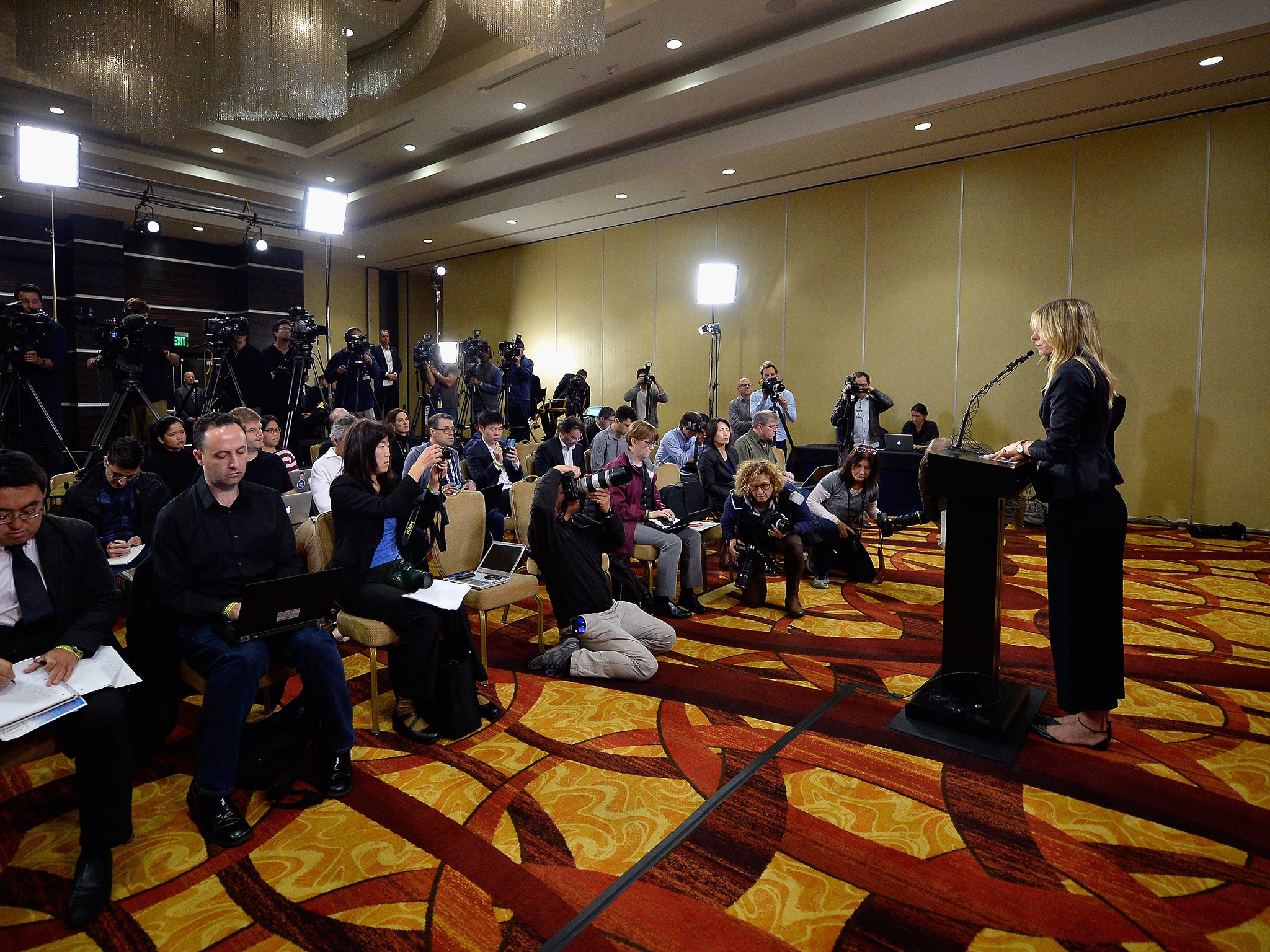 Maria Sharapova speaking in front of the press on Monday