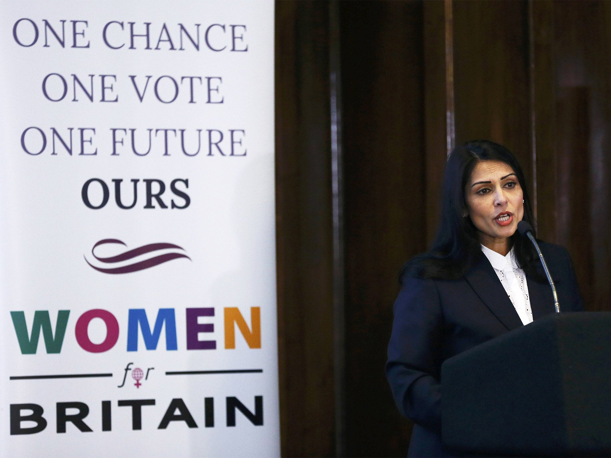 Priti Patel speaking at the Women For Britain launch