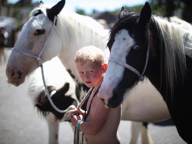 A boy walks his horses down the street at the Appleby Horse Fair, a popular gathering for the traveller community