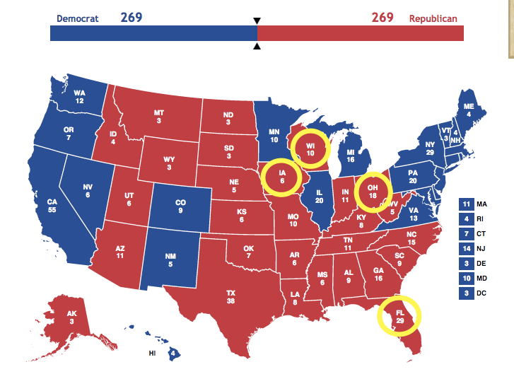 An example of a tied result, via 270towin.com. The circled states are the ones Trump would need to win which Obama won in '12.