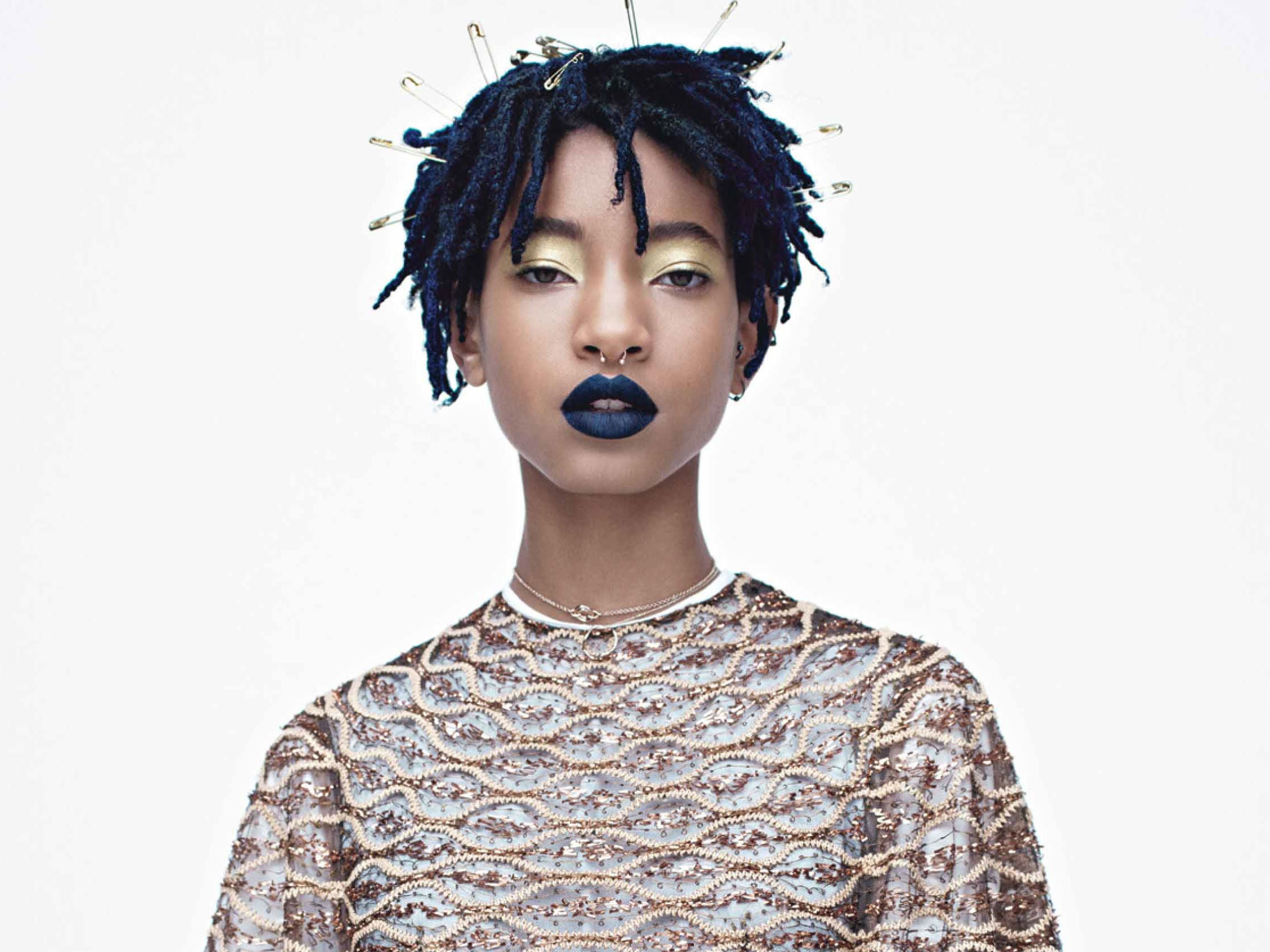 Willow Smith sporting navy blue hair and matching lips for W magazine's fashion shoot.