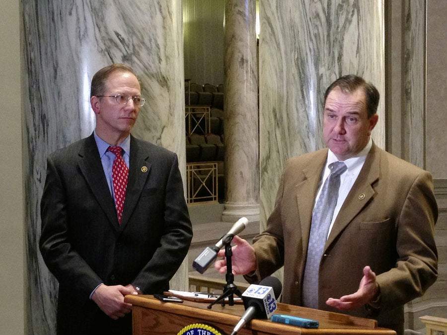 Missouri Senator Bob Onder, left, Senate Majority Leader Mike Kehoe address reporters at the state capitol after the filibuster