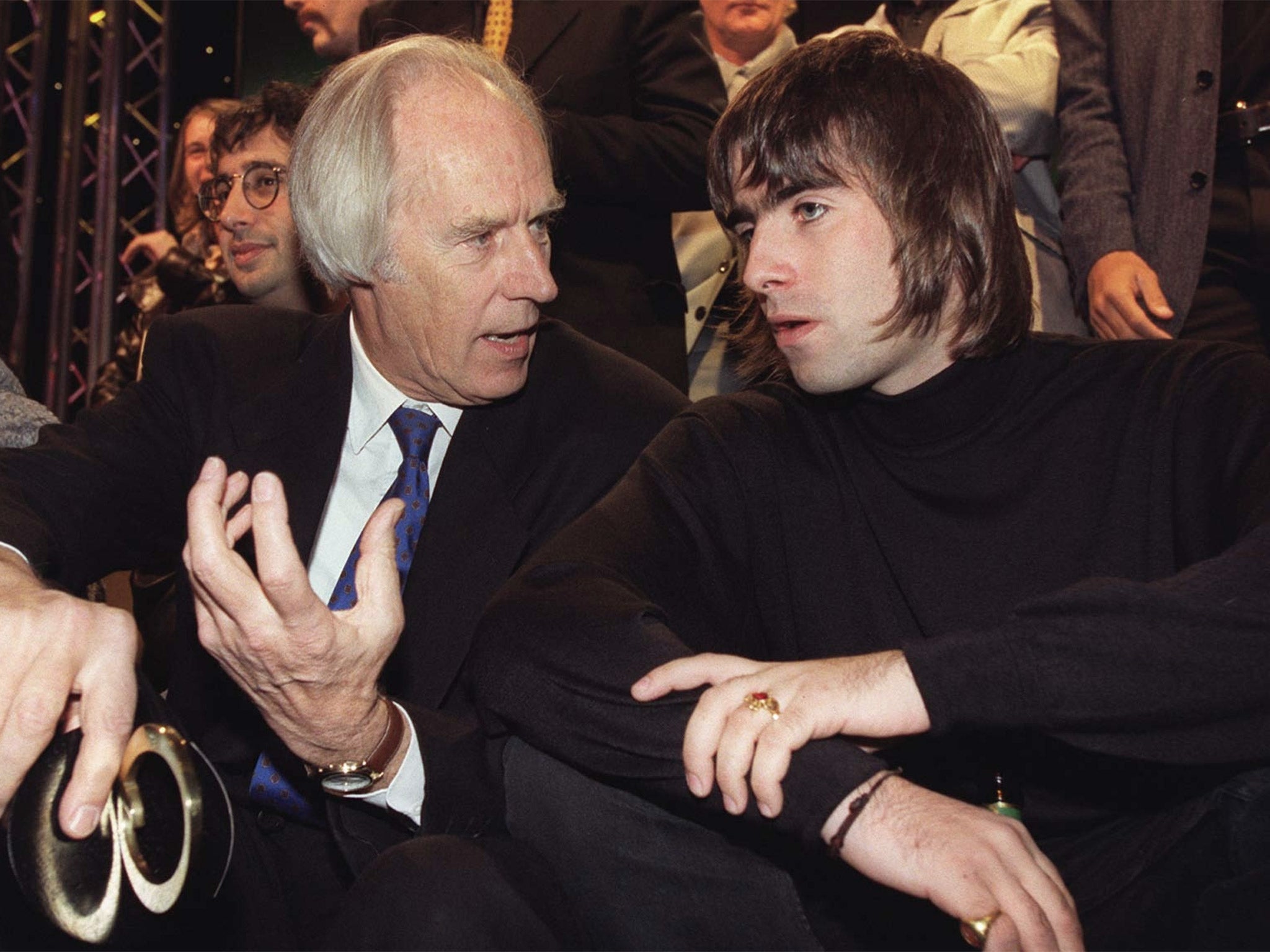 George Martin talking with Beatles admirer Liam Gallagher in 1996