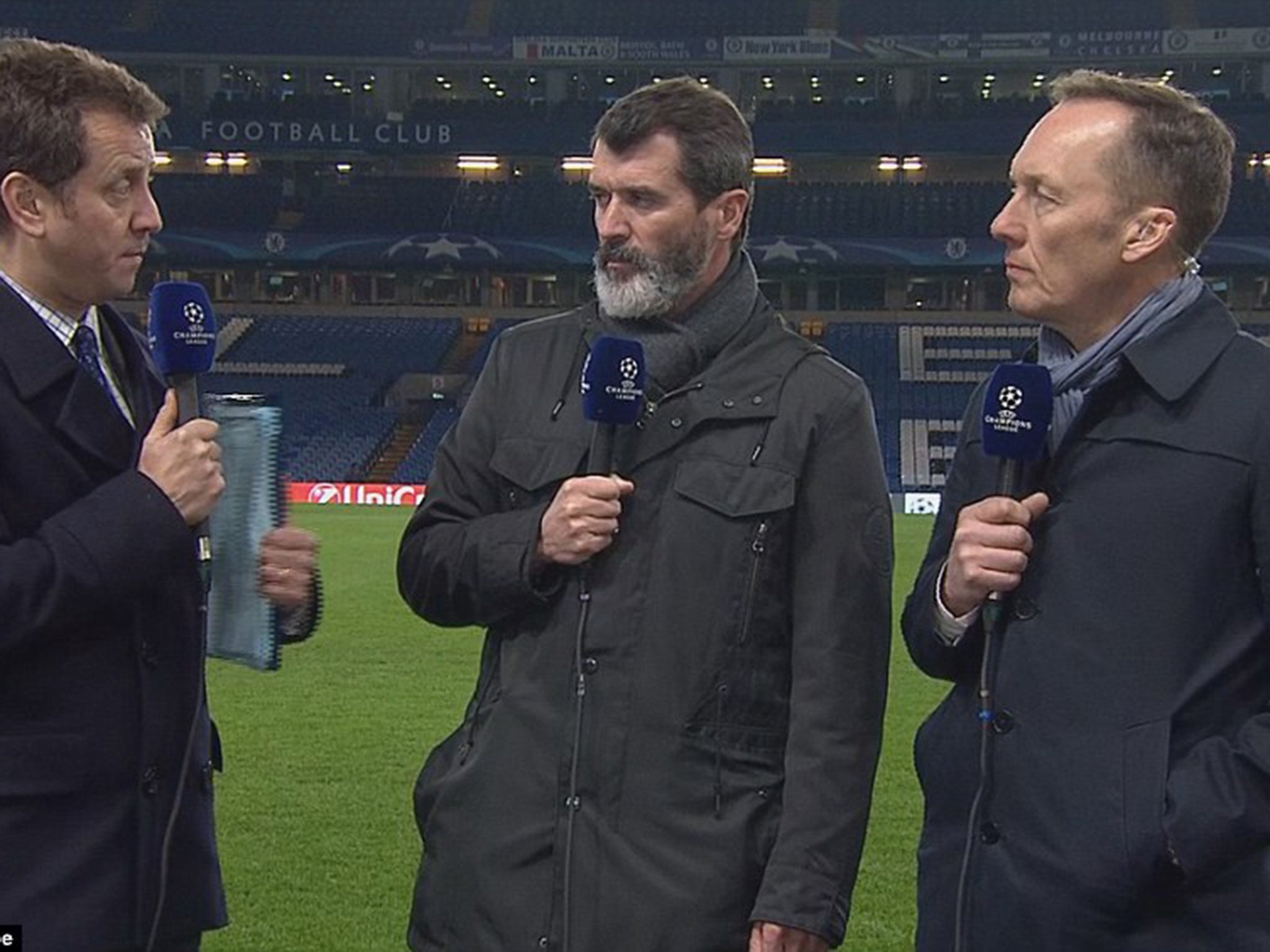 Roy Keane speaks with Mark Pougatch and Lee Dixon on ITV after the game