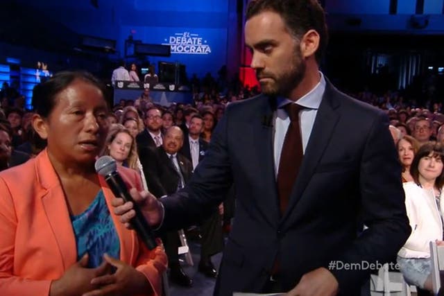 At a debate hosted by The Washington Post and Univision in Miami, a Guatemalan woman whose husband was deported asked candidates Bernie Sanders and Hillary Clinton what they would do reunite families. Lucia Quiej brought her five children, who haven't seen their father in three years, to the debate.
