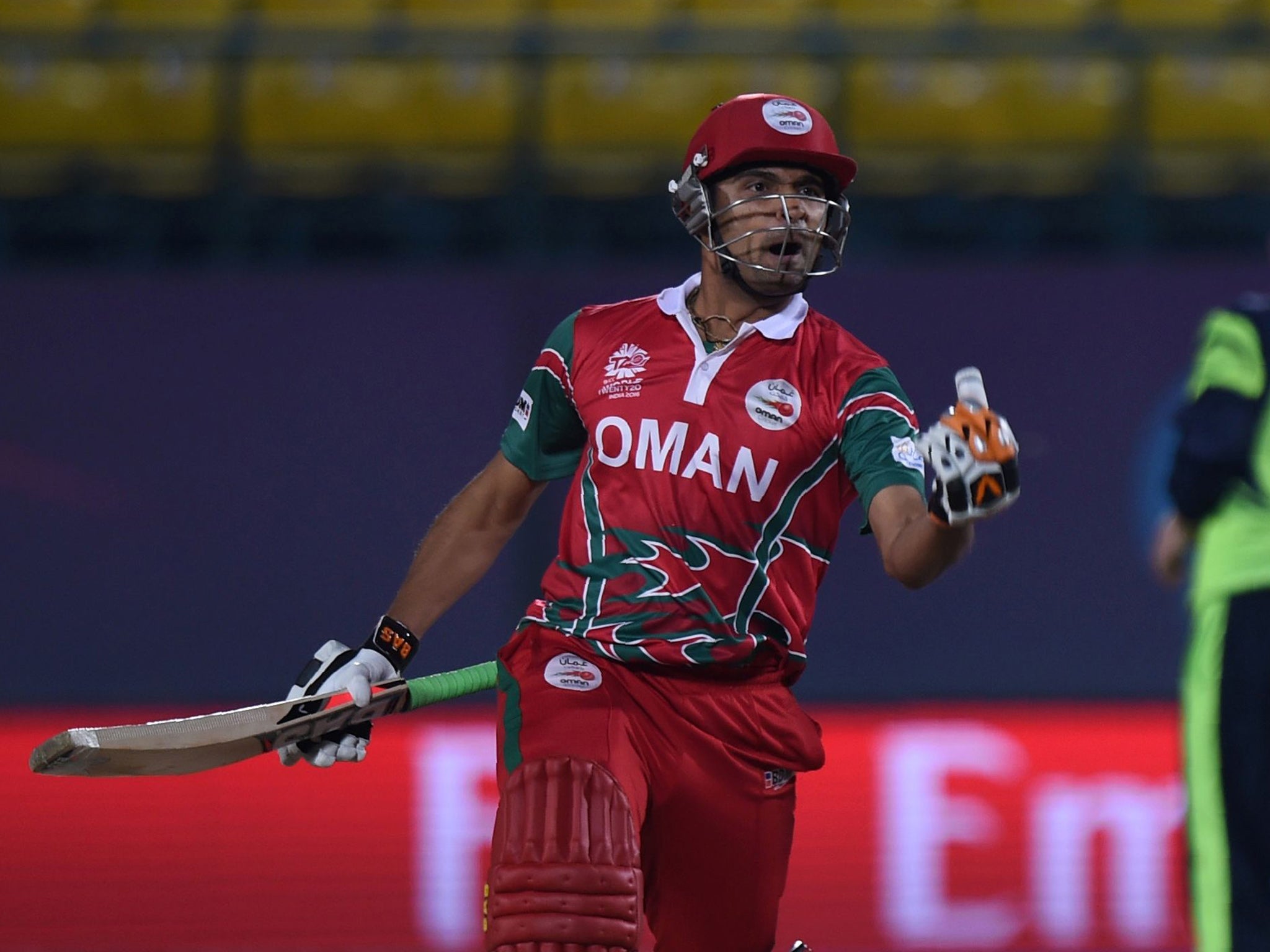 Ajay Lalcheta celebrates Oman's World T20 victory over Ireland