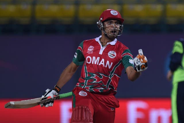 Ajay Lalcheta celebrates Oman's World T20 victory over Ireland