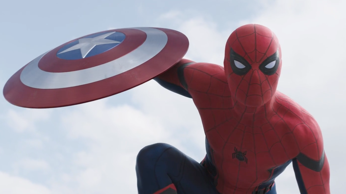 Tom Holland's Spider-Man swipes Captain America's shield.