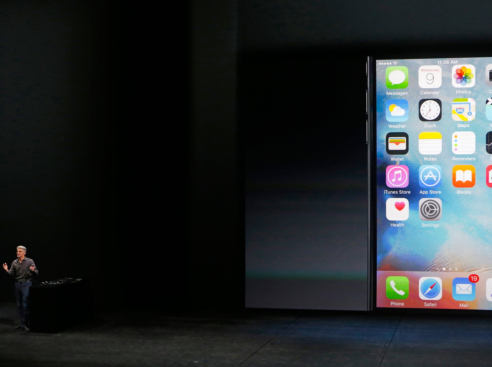 Craig Federighi, Senior Vice President of Mac Software Engineering, takes the stage to discuss the 3D Touch featured on the new iPhone 6s line during an Apple media event in San Francisco, California, September 9, 2015
