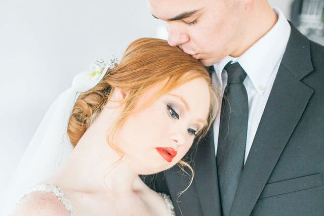 Down Syndrome model Madeline Stuart  as a bride in a fairtytale wedding shoot
