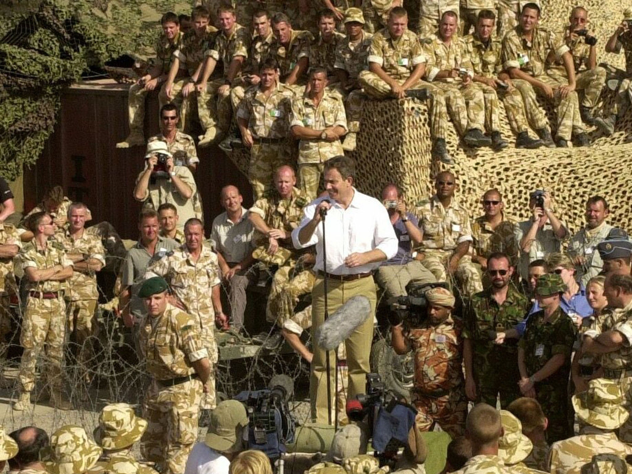 Former Prime Minister Tony Blair, pictured addressing British troops in October 2001