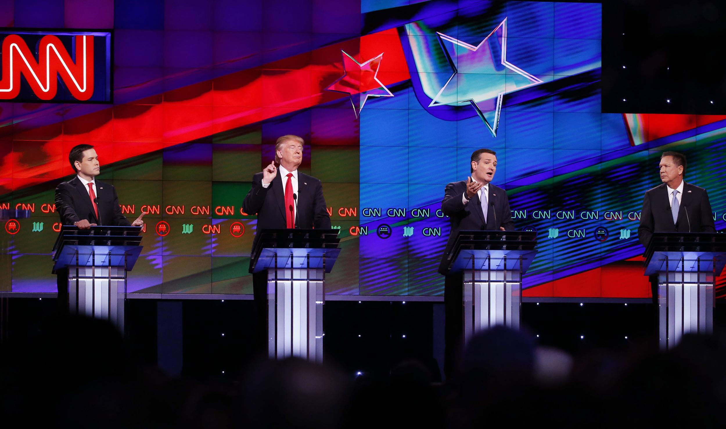 Republican presidential candidates Ted Cruz, Marco Rubio, John Kasich and Donald Trump