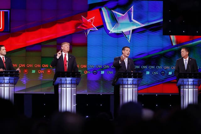 Republican presidential candidates Ted Cruz, Marco Rubio, John Kasich and Donald Trump 