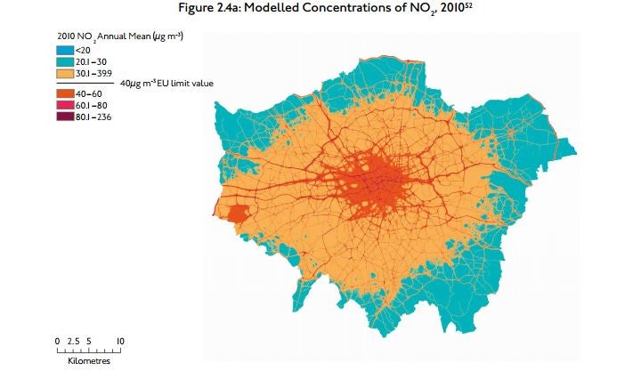 NO2 concentration limit of 40µg/m3 is exceeded in most of Central London, according to Policy Exchange