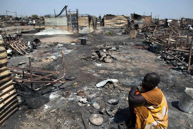 A displaced woman in a Protection of Civilians (PoC) site in Malakal, where 25 were killed and 120 wounded when soldiers attacked burned a UN camp on March 4, 2016.