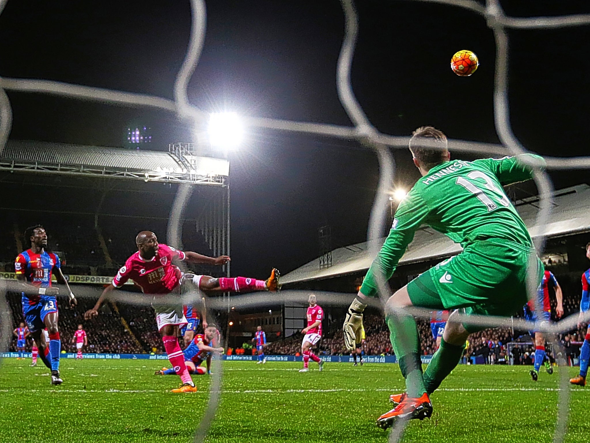 Benik Afobe (second left) scores for Bournemouth during their win at Crystal Palace last month