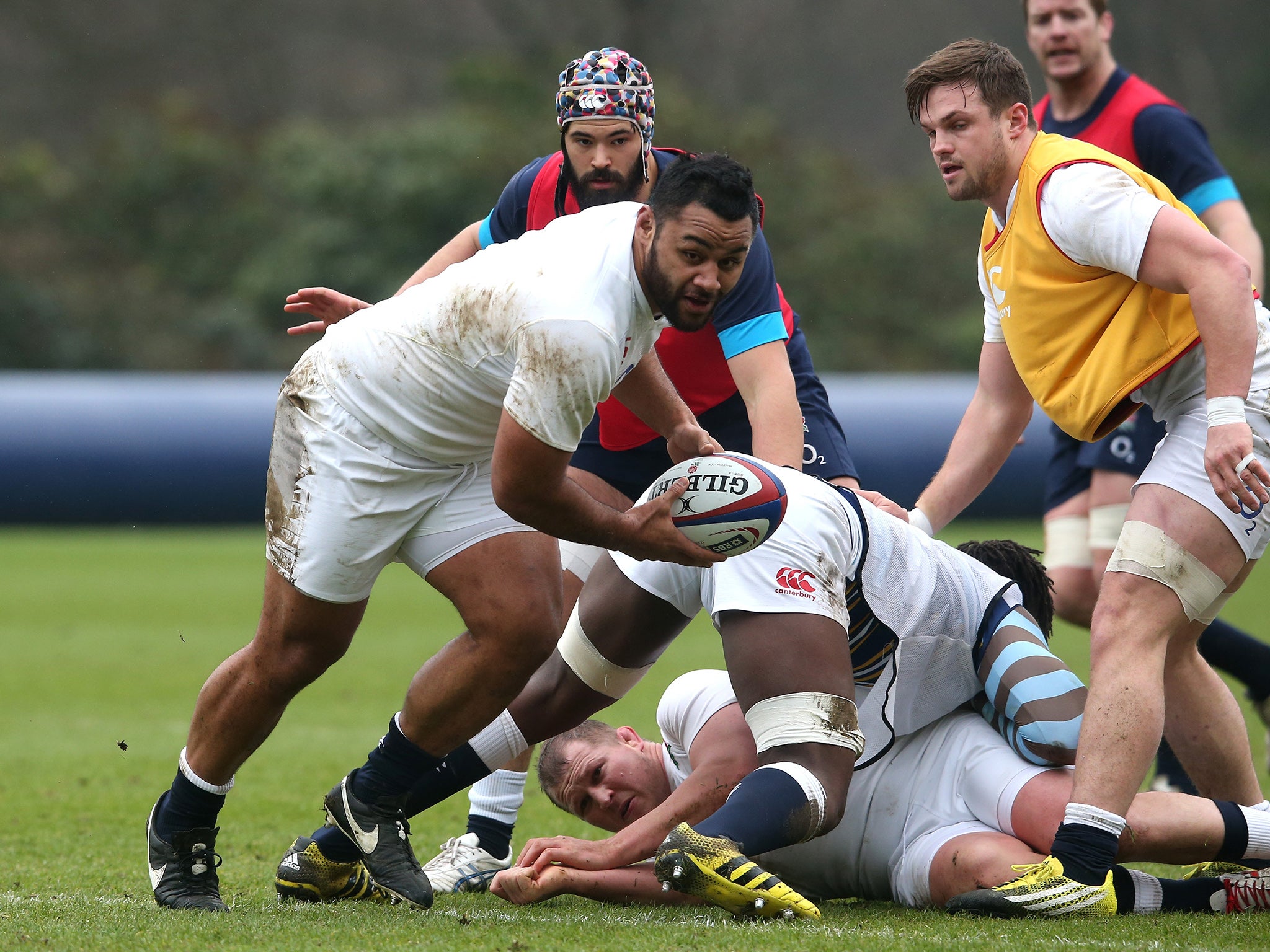 Billy Vunipola runs with the ball during England training at Bagshot this week