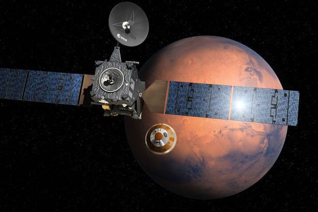An artist’s impression of the ExoMars Schiaparelli module separating from the orbiter