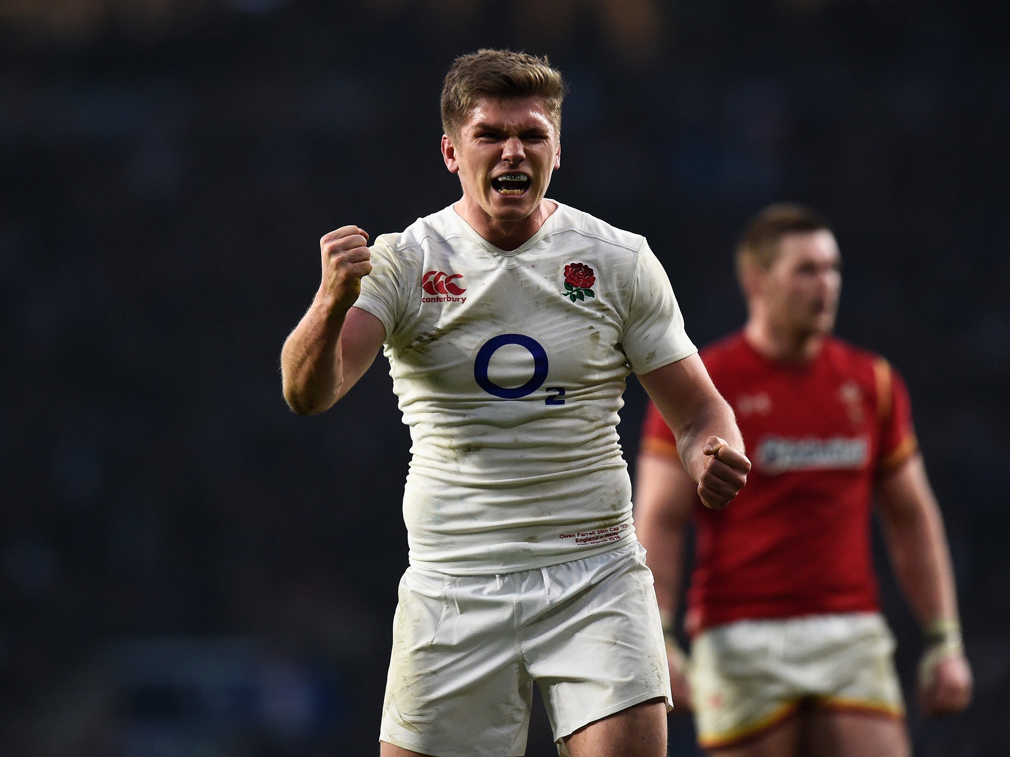 Owen Farrell celebrates England's win over Wales on Saturday