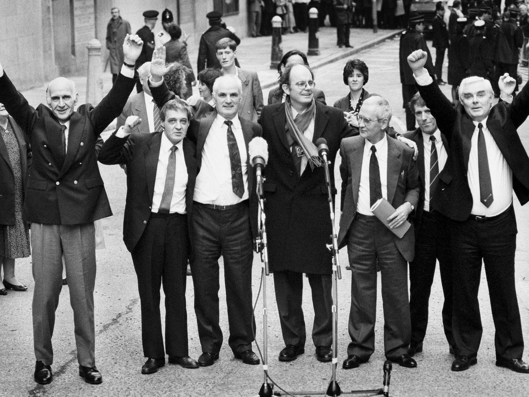 The Birmingham Six, with Chris Mullin MP, centre, in 1991; Paddy Hill is second from left