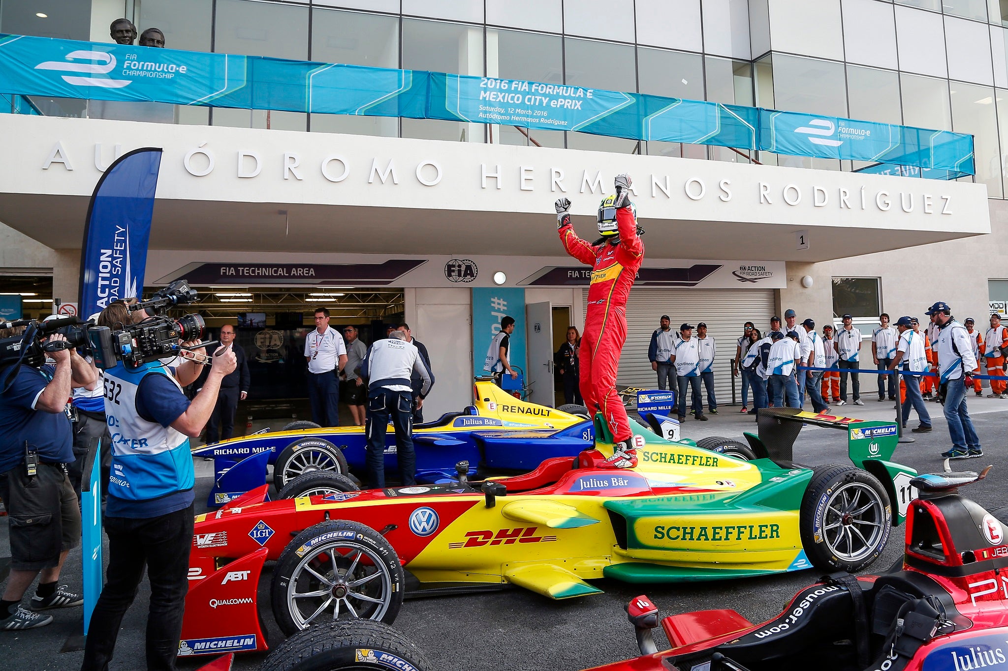 Lucas Di Grassi celebrates before being stripped of Formula E Mexico City ePrix victory