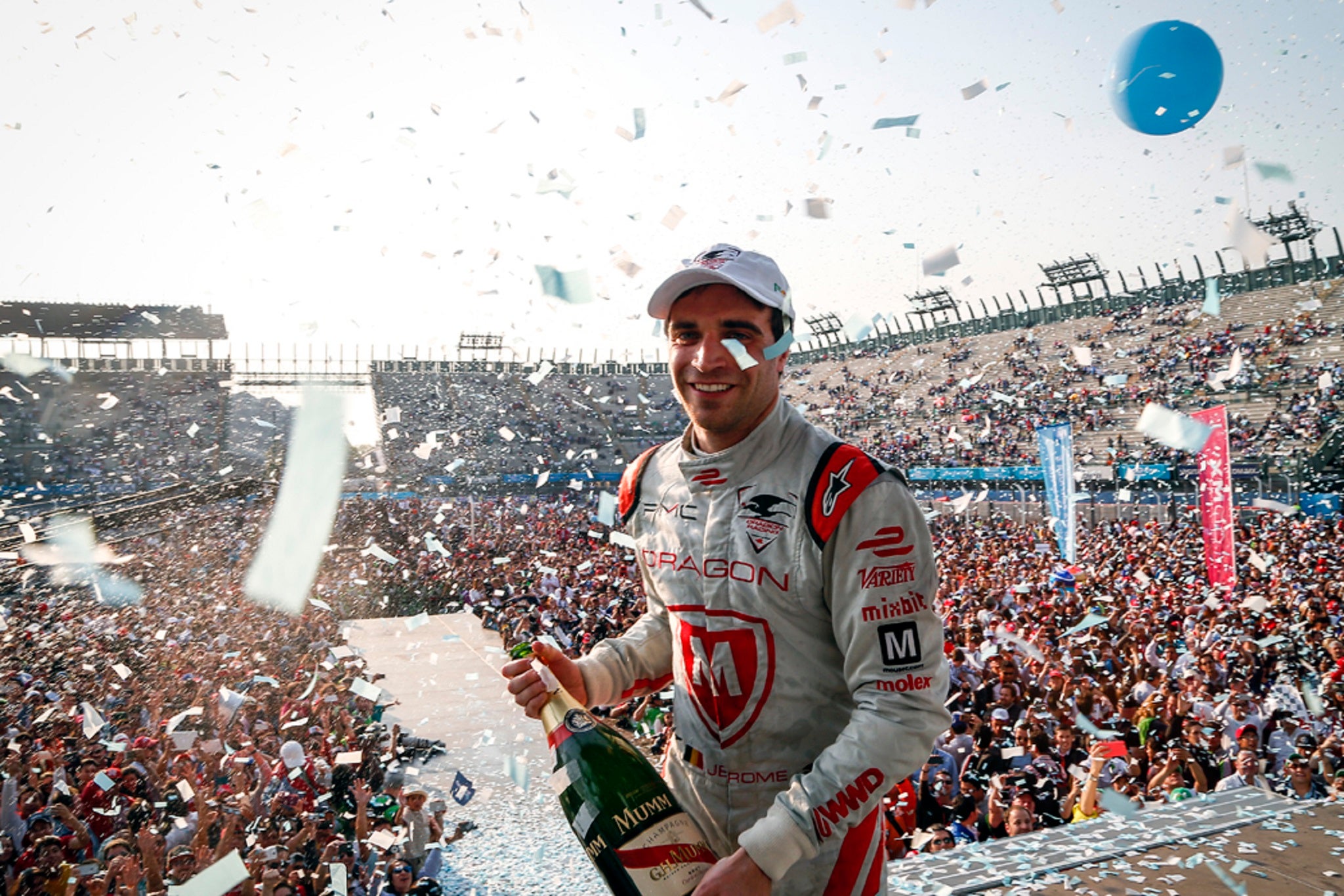 Eventual winner Jerome D'Ambrosio celebrates on the podium in Mexico City