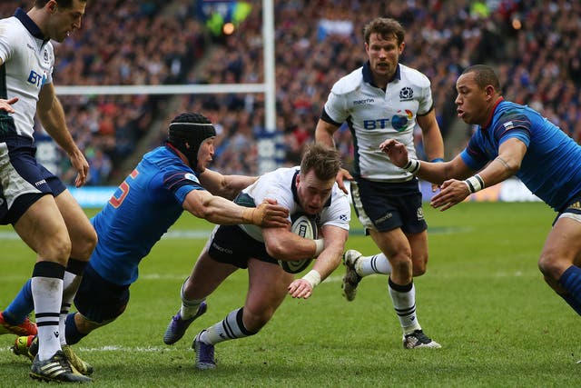 Stuart Hogg scores a try for Scotland against France in the Murrayfield win