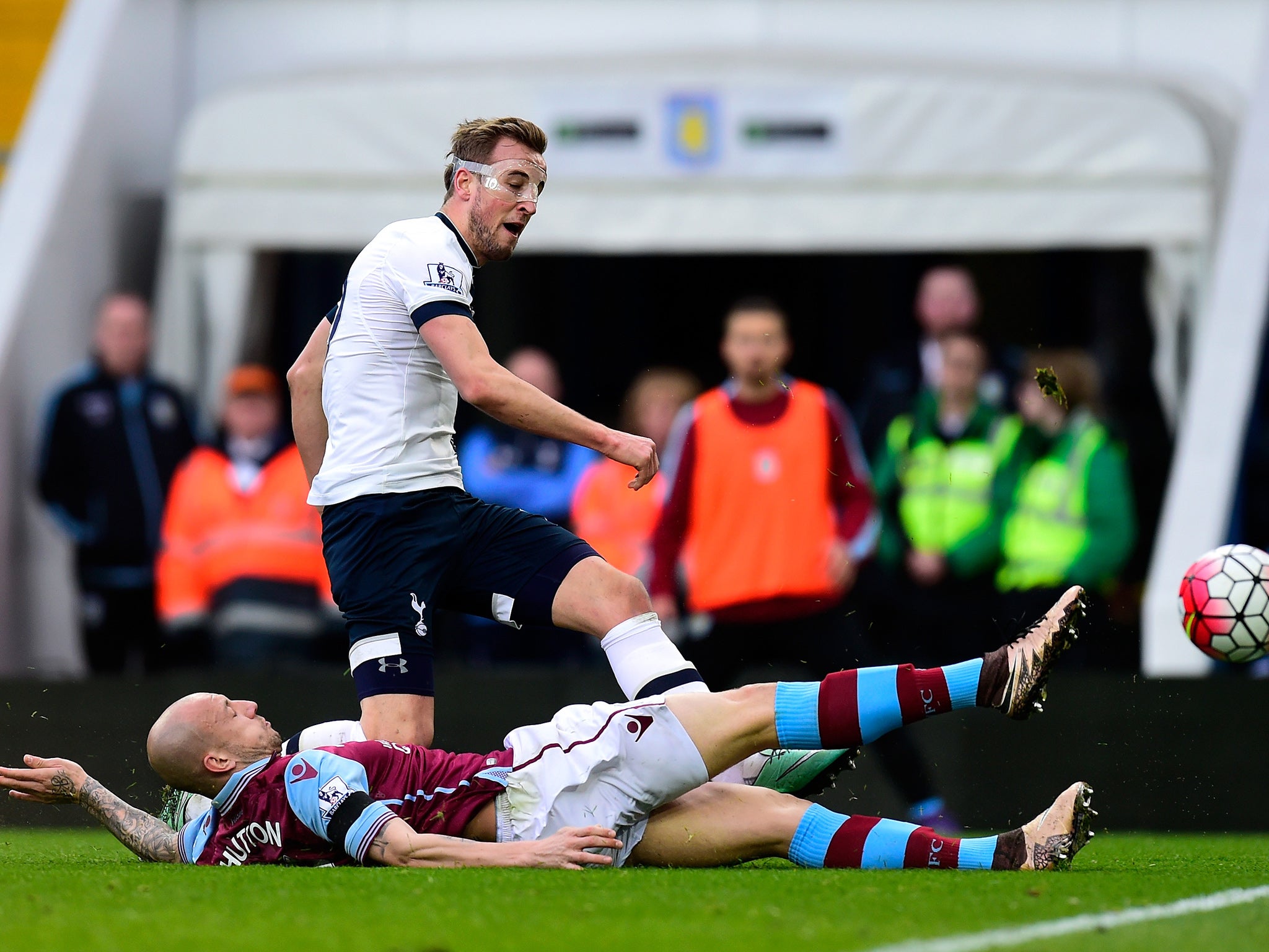 Harry Kane scores his first goal of the game at Villa Park