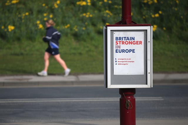A  Britain Stronger In Europe campaign poster adorns a lamp post in York