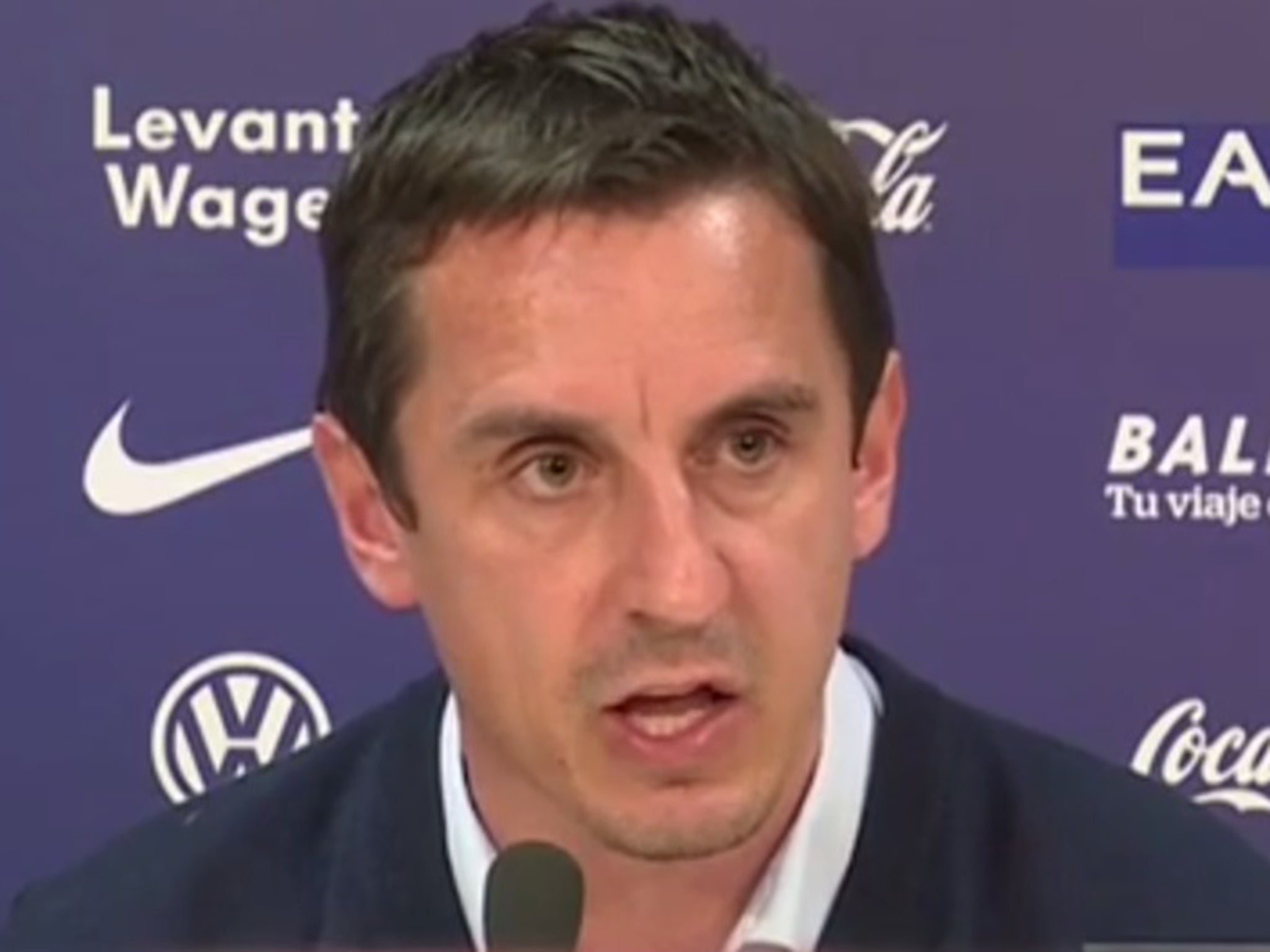 Gary Neville during the heated press conference after Valencia's Levante defeat