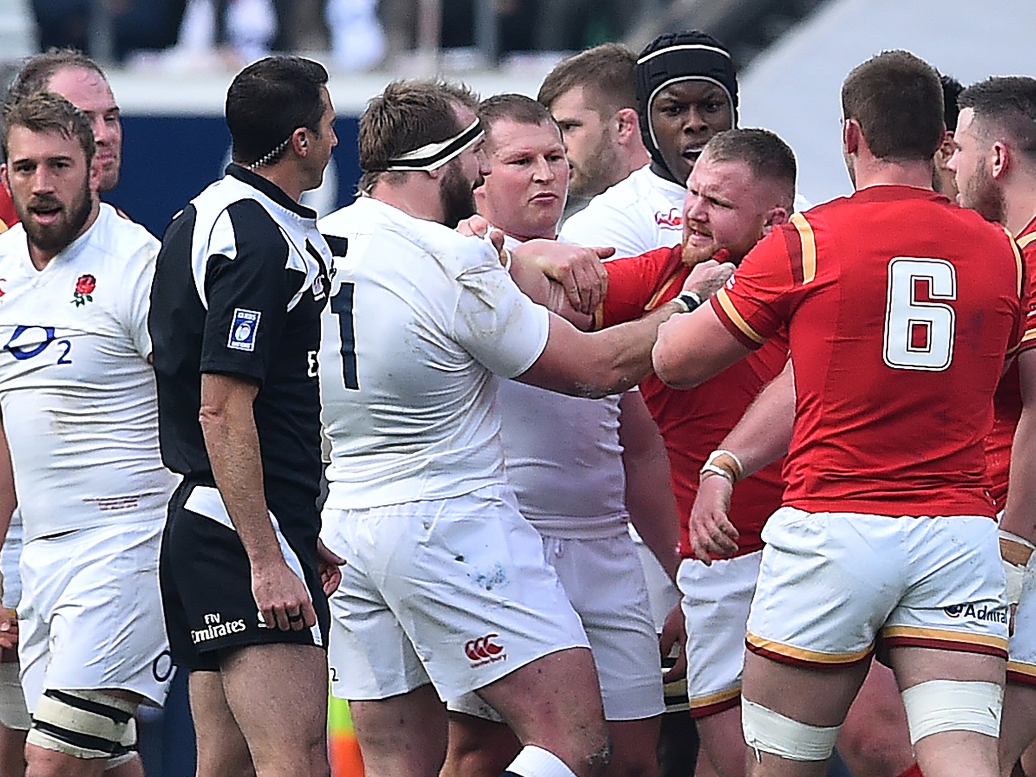 England's Joe Marler clashes with Wales's Samson Lee during England's 25-21 on Saturday
