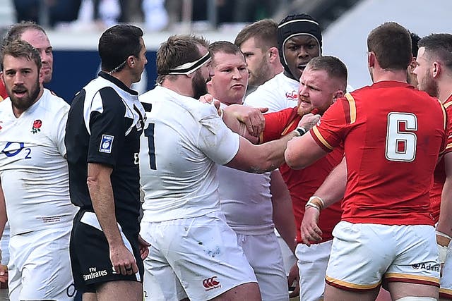 England's Joe Marler clashes with Wales's Samson Lee during England's 25-21 on Saturday