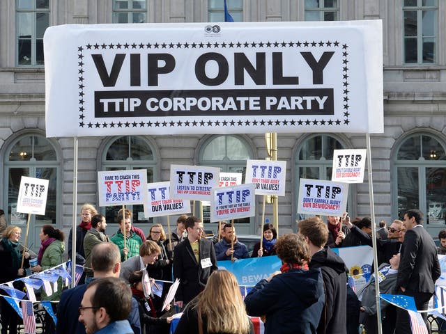 Protesters demonstrate in Brussels against the TTIP