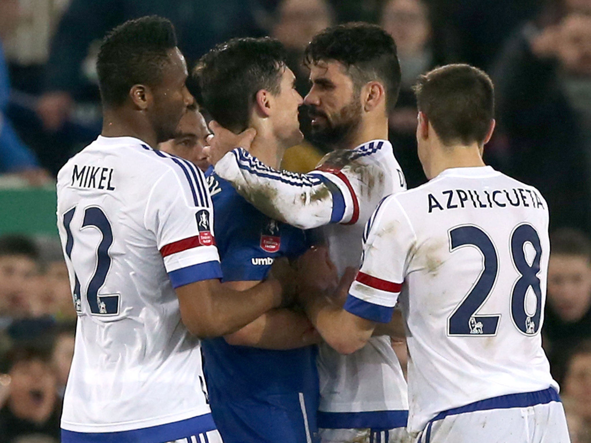 Chelsea's Diego Costa, centre right, and Everton's Gareth Barry getting involved in a altercation