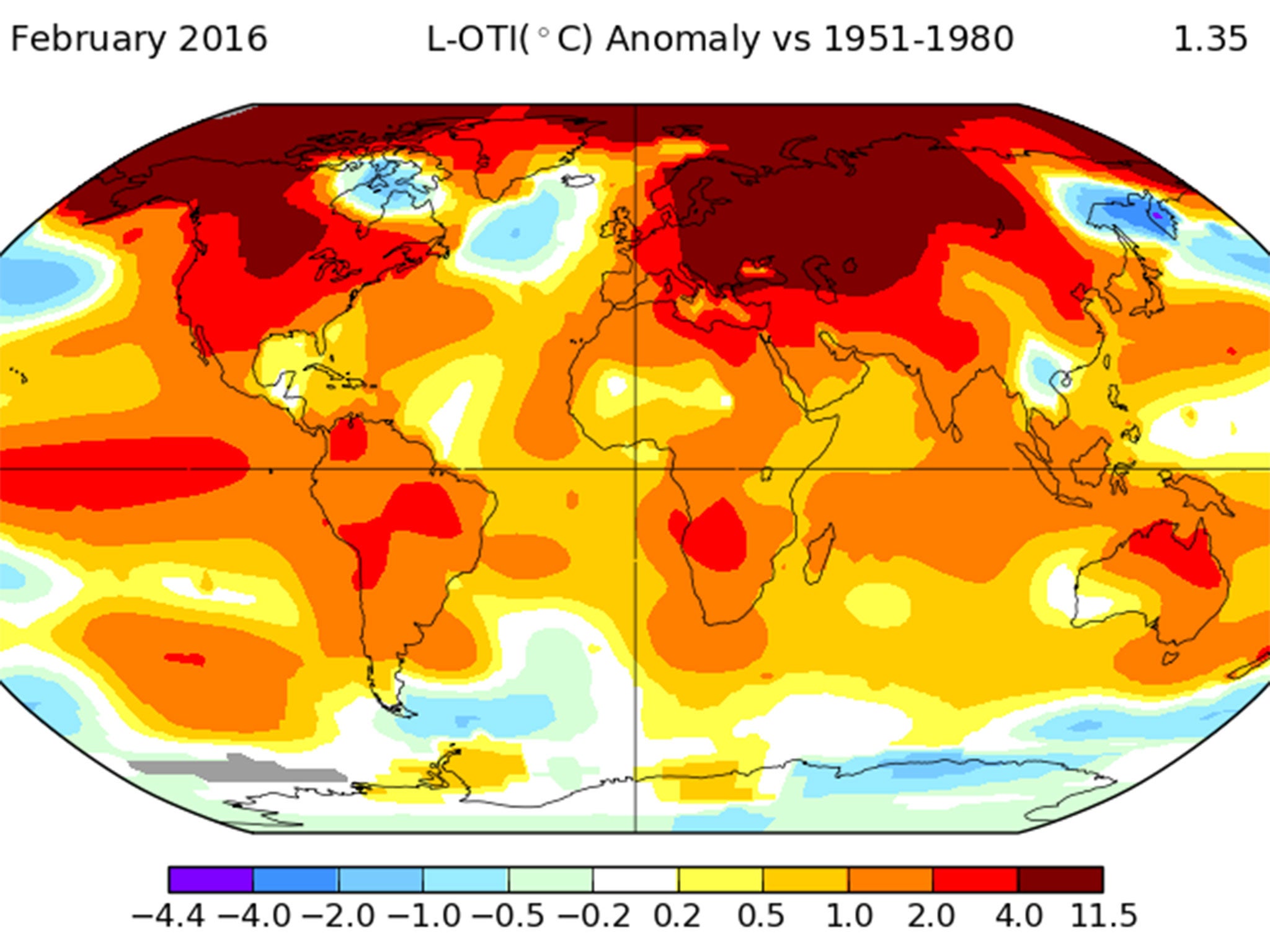 Global surface temperatures across land and ocean in February were 1.35°C warmer than the average temperature for that month, measured from the 1951-1980 baseline.