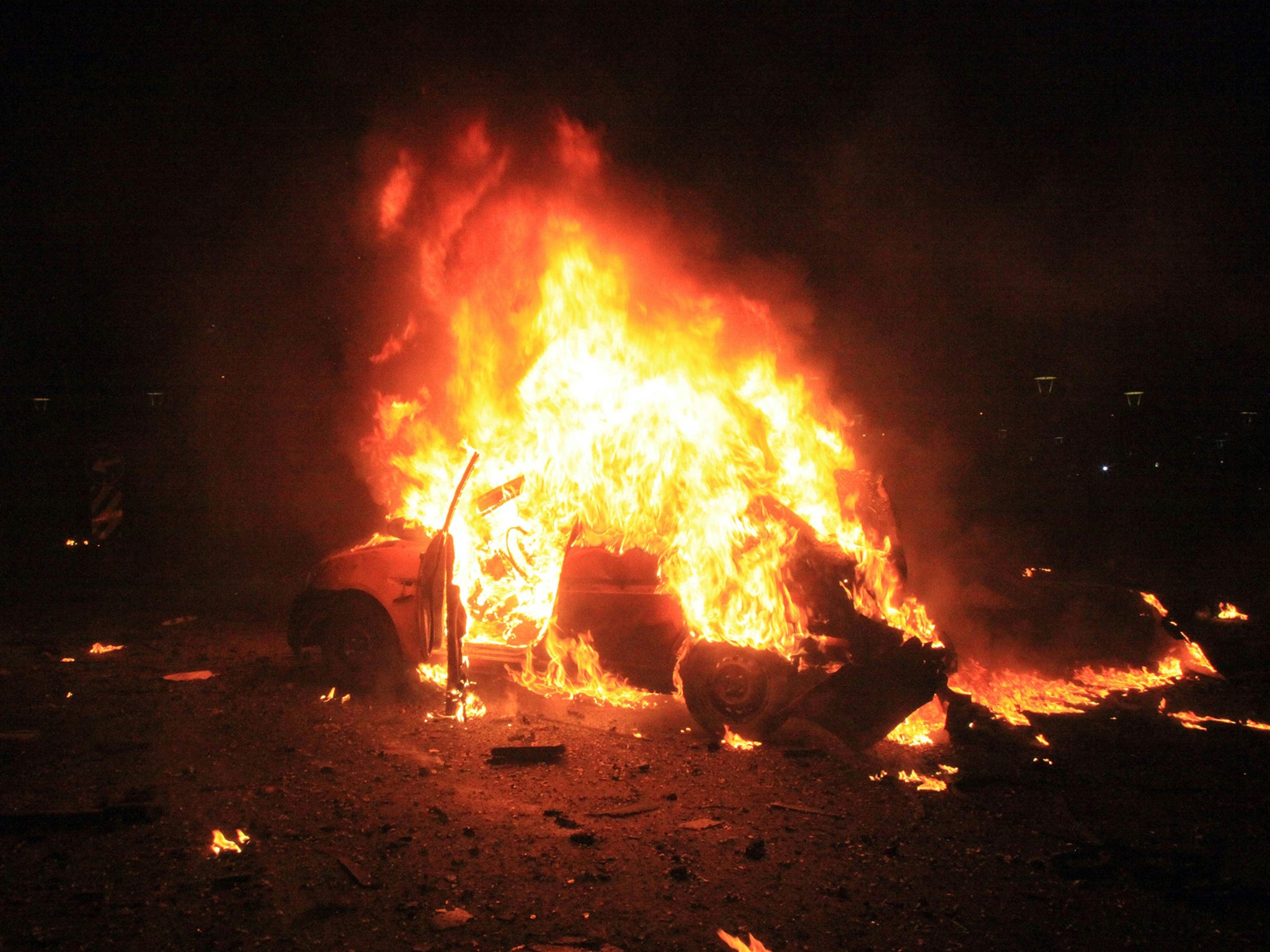 A burning car after a blast in Ankara