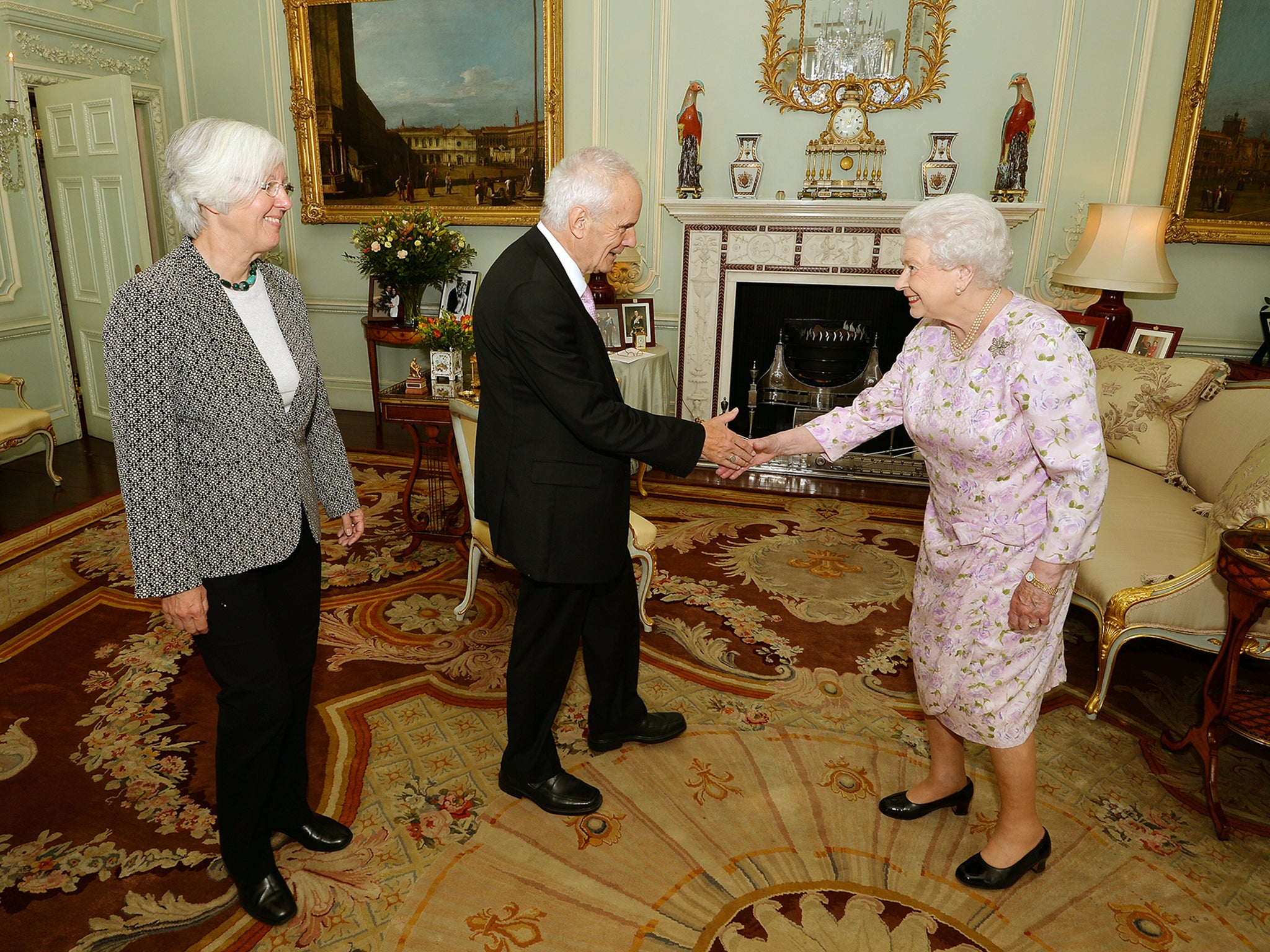 Composer Judith Weir (L), the new Master of the Queen's Music and Sir Peter Maxwell Davies, previous Master of the Queen's Music, during a private audience with Queen Elizabeth II at Buckingham Palace, 2014