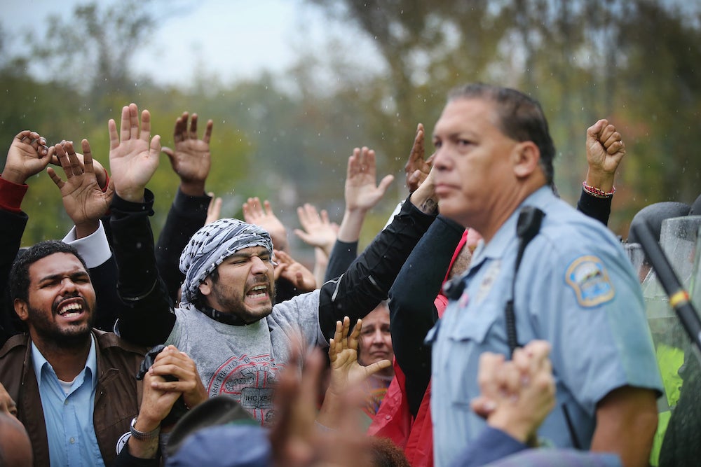 Activists demonstrate in Ferguson, Missouri.