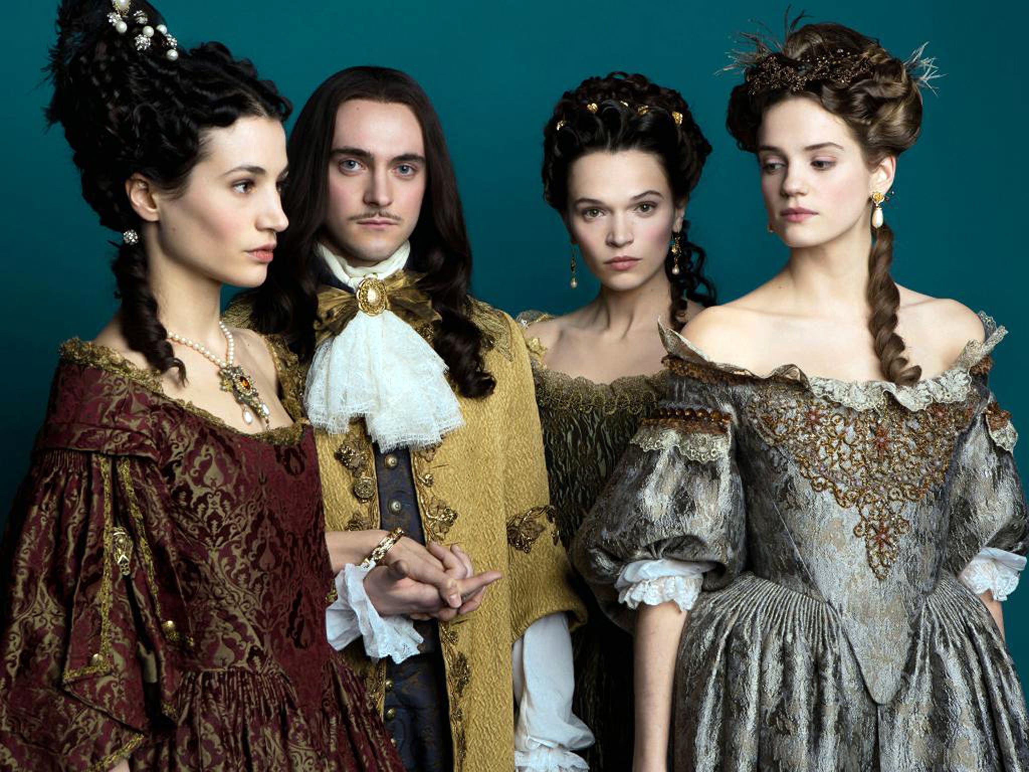 The stars of the steamy TV series 'Versailles’: Elisa Lasowski (left), George Blagden, Anna Brewster and Noémie Schmidt