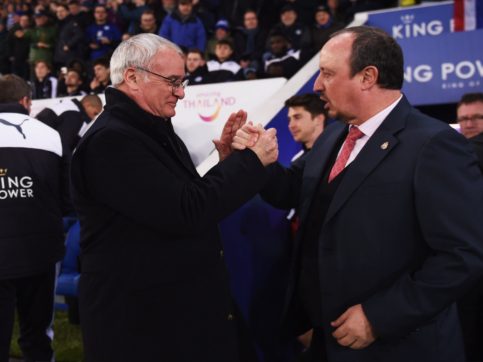 Rafael Benitez and Claudio Ranieri greet each other