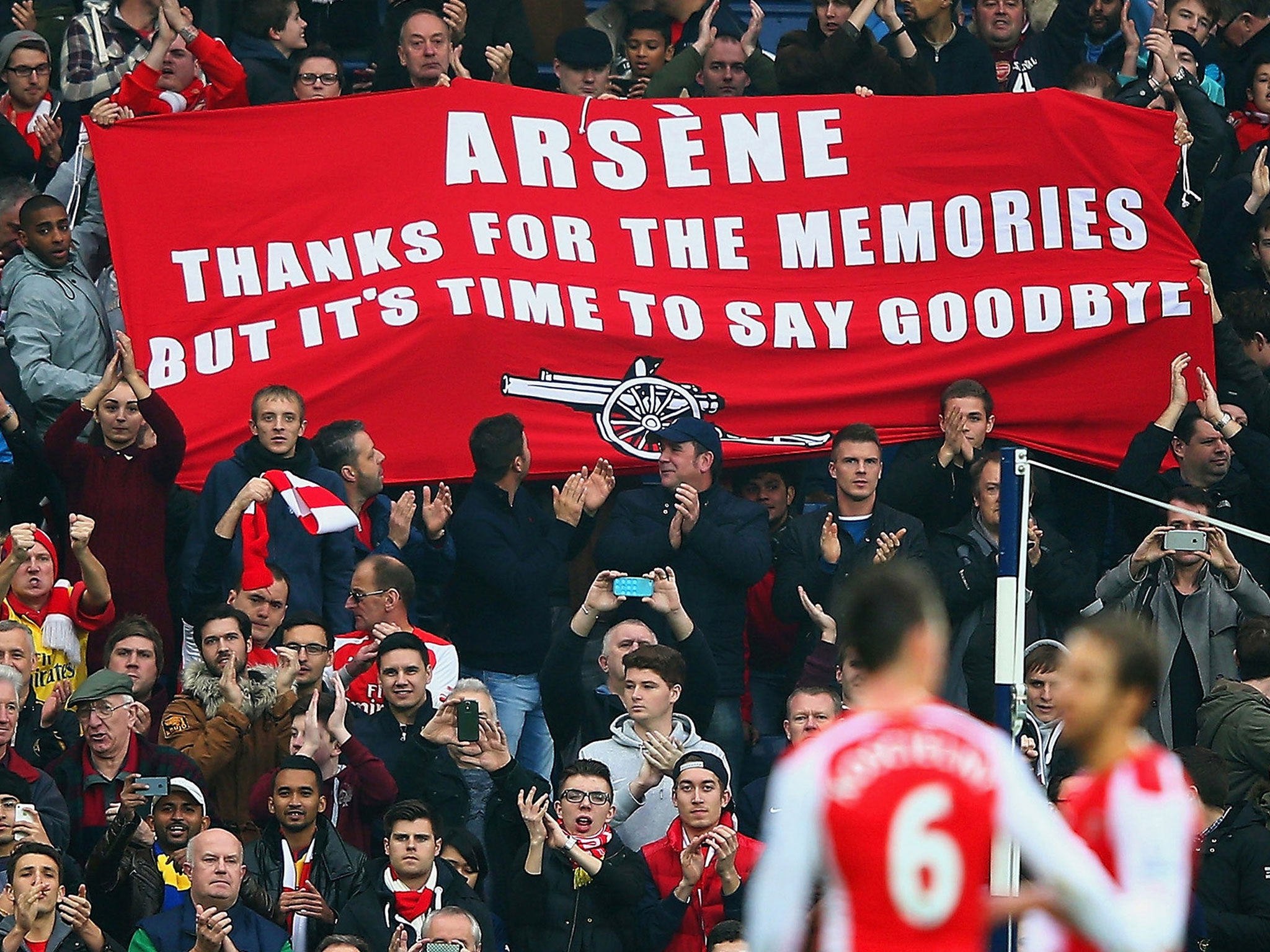A banner at the Emirates Stadium calls for Arsene Wenger to leave Arsenal