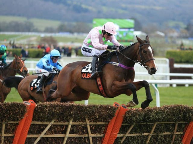 Vroum Vroum Mag jumps the final hurdle on the way to victory in the Mares' Hurdle