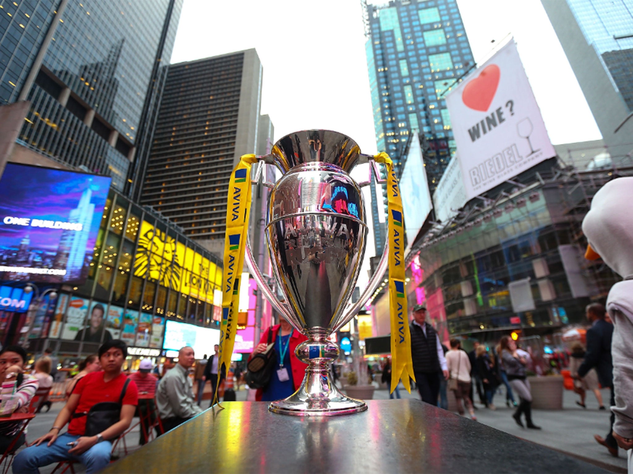 The Premiership trophy in Times Square