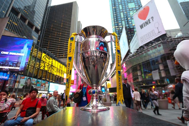 The Premiership trophy in Times Square
